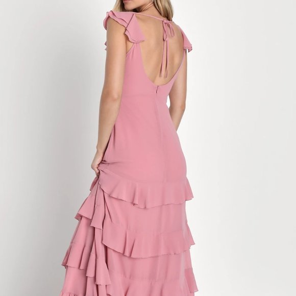 Lulu's Dusty Rose Backless Ruffled Tiered Maxi Dress size M - Picture 2 of 5